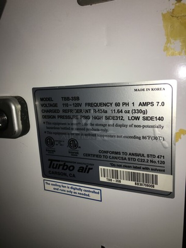 Turbo Air Commercial 2 Door Bar Back Cooler! Model TBB3SB Serial BB30708008! 110/120V 1Phase! - Image 8 of 9