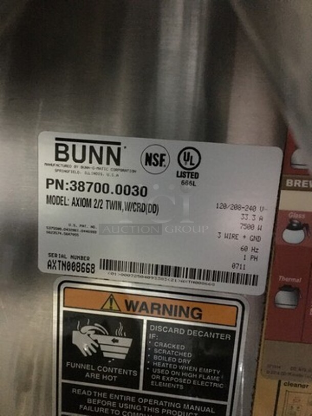Bunn Commercial Countertop Dual Coffee Brewing Machine! Axiom Series! With 4 Coffee Pot Warming Stations! All Stainless Steel! Model AXIOM2/2TWIN Serial AXTN008668! 120/208/240V! 1Phase! On Legs! - Image 8 of 9