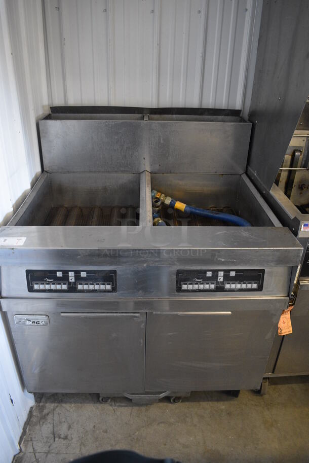 FANTASTIC! 2012 Dean Model SCFHD260GNC Stainless Steel Commercial Floor Style Natural Gas Powered Double Bay Deep Fat Fryer w/ Filtration System on Commercial Casters. 125,000 BTU. 40x36x49