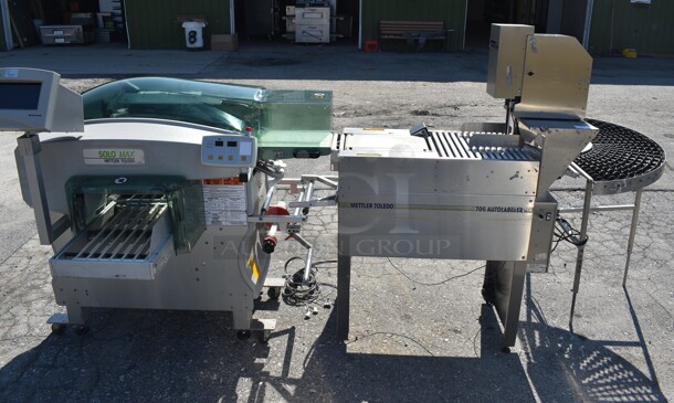 MARVELOUS! 12' Mettler Toledo Model 0647 Solo Max Commercial Floor Style Scale w/ Model 8270 Stainless Steel Labeler and Model 0925 Stainless Steel Conveyor. 115 Volts, 1 Phase. 140x52x69