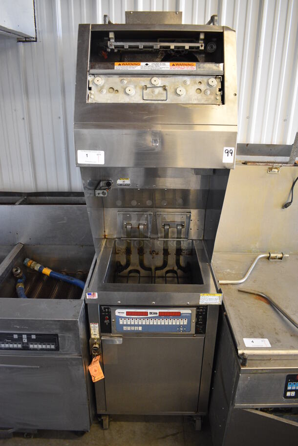 GORGEOUS! Giles Model WOG-MP-VH Stainless Steel Commercial Floor Style Electric Powered Fryer w/ Ventless Hood on Commercial Casters. 240 Volts, 3 Phase. 24x31x81 - Image 1 of 12
