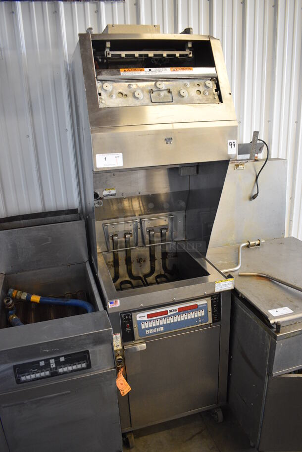 GORGEOUS! Giles Model WOG-MP-VH Stainless Steel Commercial Floor Style Electric Powered Fryer w/ Ventless Hood on Commercial Casters. 240 Volts, 3 Phase. 24x31x81 - Image 2 of 12