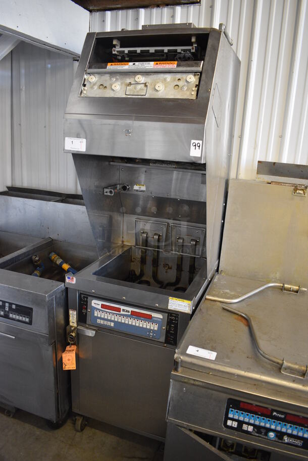 GORGEOUS! Giles Model WOG-MP-VH Stainless Steel Commercial Floor Style Electric Powered Fryer w/ Ventless Hood on Commercial Casters. 240 Volts, 3 Phase. 24x31x81 - Image 3 of 12