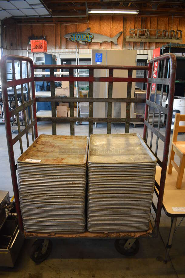 100 Metal Full Size Baking Pans w/ Metal Commercial Cart on Commercial Casters. 18x26x1, Cart: 40x26x61. 100 Times Your Bid!