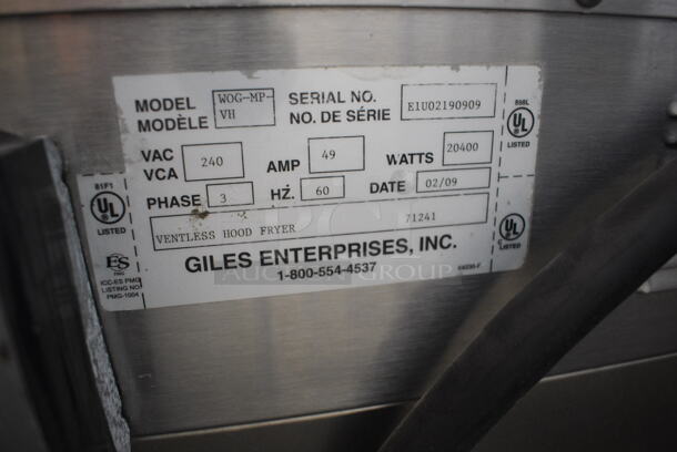GORGEOUS! Giles Model WOG-MP-VH Stainless Steel Commercial Floor Style Electric Powered Fryer w/ Ventless Hood on Commercial Casters. 240 Volts, 3 Phase. 24x31x81 - Image 12 of 12