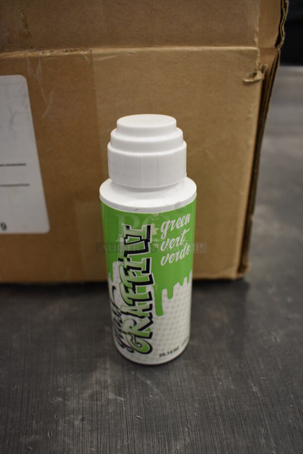 ALL ONE MONEY! 36 BRAND NEW IN BOX! ColorBox Glass Green Graffiti Bottles! 1.5x1.5x4 - Image 1 of 5