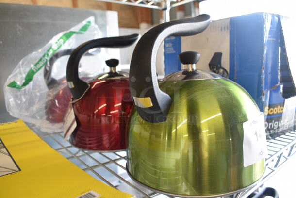 3 BRAND NEW! Metal Tea Kettles; 1 Green and 2 Red. 8x8x8.5. 3 Times Your Bid! - Image 2 of 3