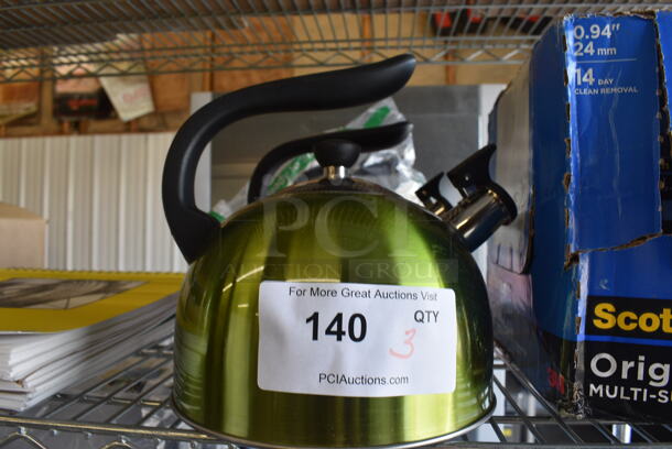 3 BRAND NEW! Metal Tea Kettles; 1 Green and 2 Red. 8x8x8.5. 3 Times Your Bid! - Image 3 of 3