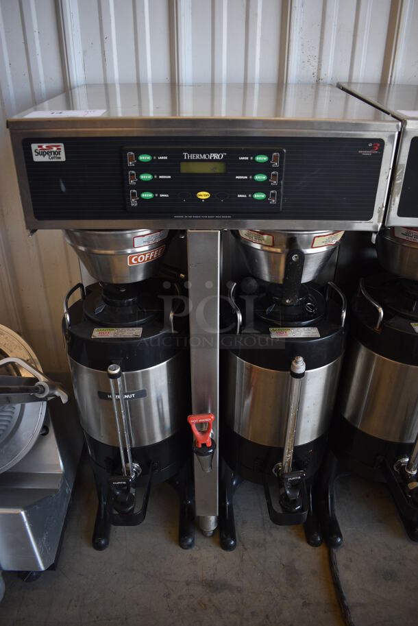 NICE! Curtis Model SCTP15T10A310 Stainless Steel Commercial Countertop Dual Coffee Machine w/ Hot Water Dispenser, 2 Metal Brew Baskets and 2 Coffee Urns. 220 Volts, 1 Phase. 20x20x35.5