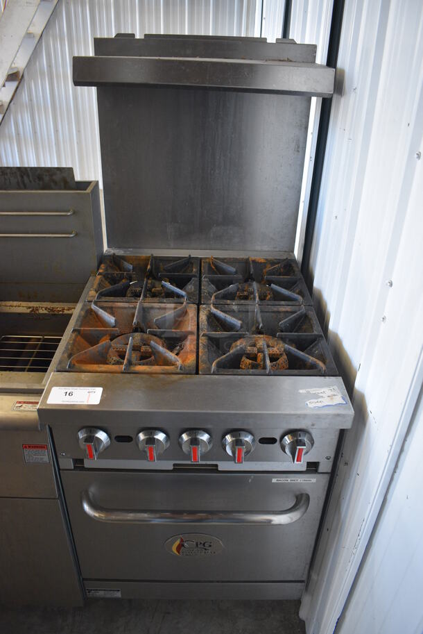 GREAT! Cooking Performance Group Model S24-N Stainless Steel Commercial Floor Style Natural Gas Powered 4 Burner Range w/ Oven, Backsplash and Overshelf. 24x32x60 - Image 1 of 6