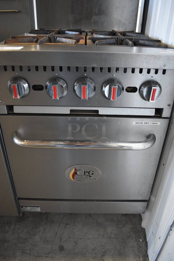 GREAT! Cooking Performance Group Model S24-N Stainless Steel Commercial Floor Style Natural Gas Powered 4 Burner Range w/ Oven, Backsplash and Overshelf. 24x32x60 - Image 4 of 6
