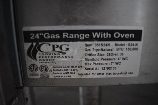 GREAT! Cooking Performance Group Model S24-N Stainless Steel Commercial Floor Style Natural Gas Powered 4 Burner Range w/ Oven, Backsplash and Overshelf. 24x32x60 - Image 6 of 6