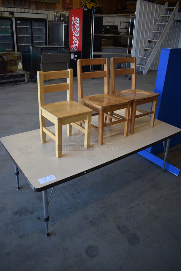 Table w/ 3 Various Wooden Children's Chairs. 60x30x20, 14x14x24, 12x12x22 - Image 2 of 5