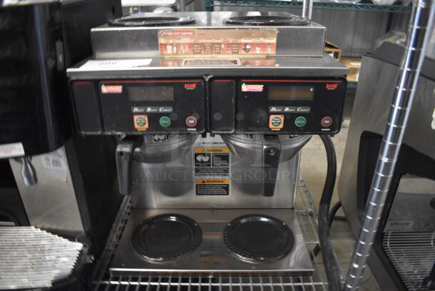 NICE! 2013 Bunn Model AXIOM 2/2 TWIN Stainless Steel Commercial Countertop 4 Burner Coffee Machine w/ 2 Coffee Pots and 2 Metal Brew Baskets. 120/208-240 Volts, 1 Phase. 16x18x19
