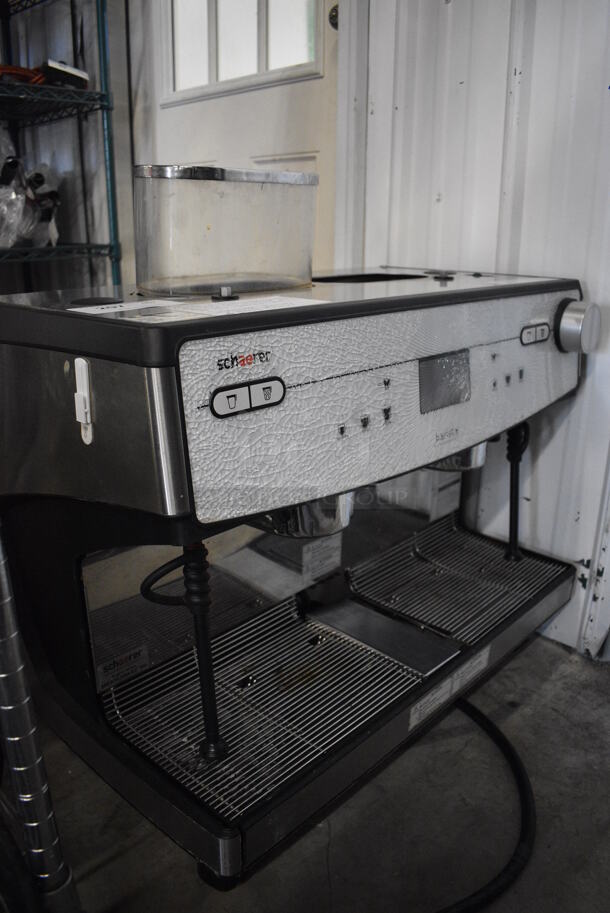BEAUTIFUL! 2018 Schaerer Barista Stainless Steel Commercial Countertop 2 Group Espresso Machine w/ 2 Steam Wands and 1 Hopper. Front Glass Pane Is Shattered. 29x21x30