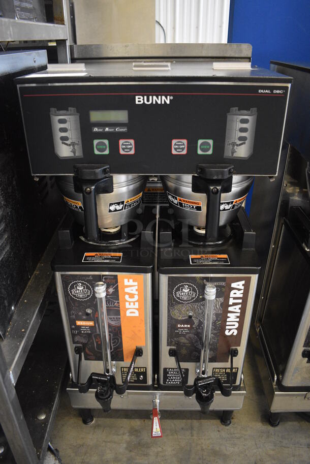 NICE! 2012 Bunn Model DUAL SH DBC Stainless Steel Commercial Countertop Dual Coffee Machine w/ Hot Water Dispenser, 2 Bunn Model SH SERVER Satellite Servers and 2 Metal Brew Baskets. 120/208-240 Volts, 1 Phase. 18x24x36. Tested and Working!