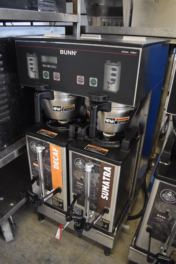 NICE! 2012 Bunn Model DUAL SH DBC Stainless Steel Commercial Countertop Dual Coffee Machine w/ Hot Water Dispenser, 2 Bunn Model SH SERVER Satellite Servers and 2 Metal Brew Baskets. 120/208-240 Volts, 1 Phase. 18x24x36. Tested and Working! - Image 2 of 6