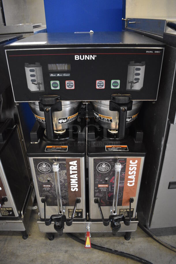 NICE! 2012 Bunn Model DUAL SH DBC Stainless Steel Commercial Countertop Dual Coffee Machine w/ Hot Water Dispenser, 2 Bunn Model SH SERVER Satellite Servers and 2 Metal Brew Baskets. 120/208-240 Volts, 1 Phase. 18x24x36. Tested and Working!