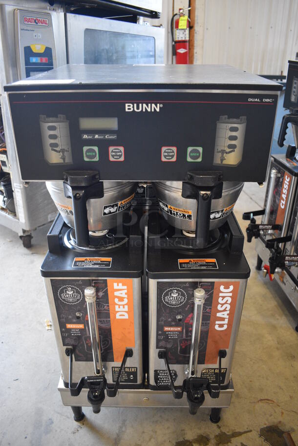 NICE! 2012 Bunn Model DUAL SH DBC Stainless Steel Commercial Countertop Dual Coffee Machine w/ 2 Bunn Model SH SERVER Satellite Servers and 2 Metal Brew Baskets. 120/208-240 Volts, 1 Phase. 18x24x36. Tested and Working!