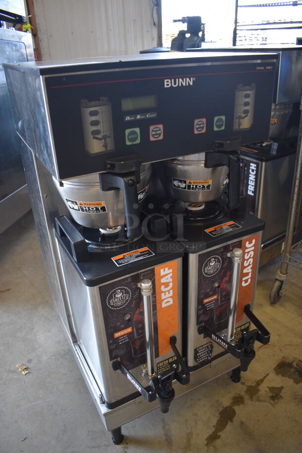 NICE! 2012 Bunn Model DUAL SH DBC Stainless Steel Commercial Countertop Dual Coffee Machine w/ 2 Bunn Model SH SERVER Satellite Servers and 2 Metal Brew Baskets. 120/208-240 Volts, 1 Phase. 18x24x36. Tested and Working! - Image 2 of 5