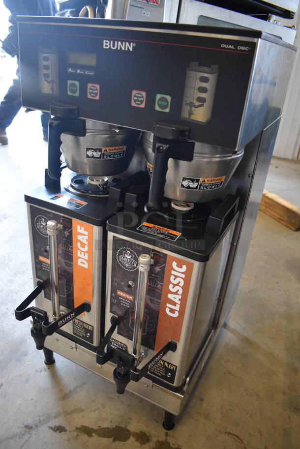 NICE! 2012 Bunn Model DUAL SH DBC Stainless Steel Commercial Countertop Dual Coffee Machine w/ 2 Bunn Model SH SERVER Satellite Servers and 2 Metal Brew Baskets. 120/208-240 Volts, 1 Phase. 18x24x36. Tested and Working! - Image 3 of 5