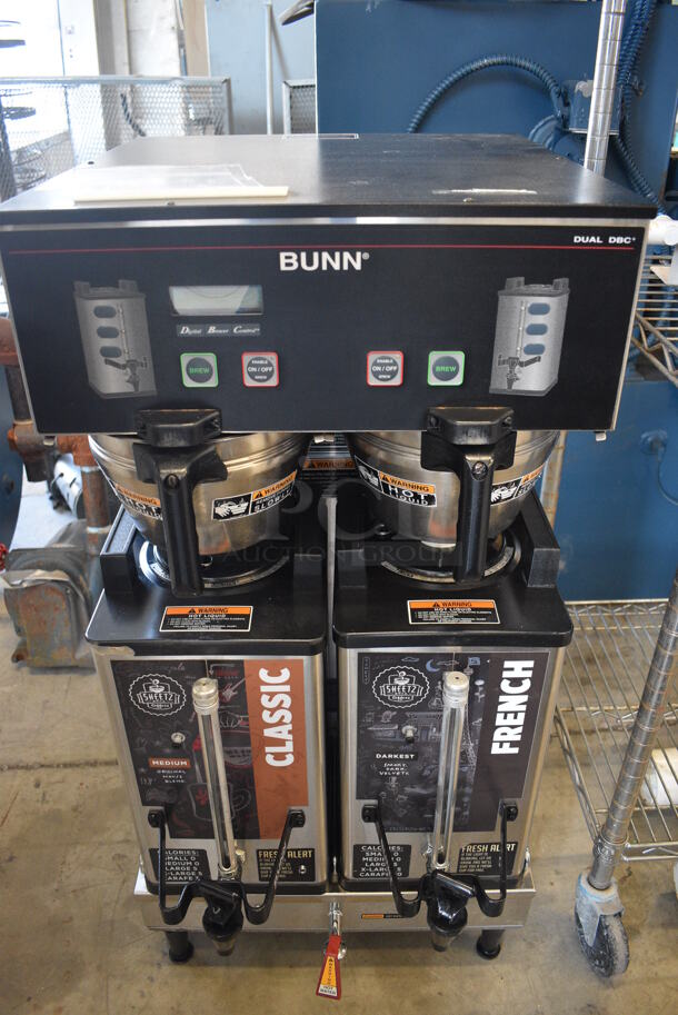 NICE! 2013 Bunn Model DUAL SH DBC Stainless Steel Commercial Countertop Dual Coffee Machine w/ Hot Water Dispenser, 2 Bunn Model SH SERVER Satellite Servers and 2 Metal Brew Baskets. 120/208-240 Volts, 1 Phase. 18x24x36. Tested and Working!