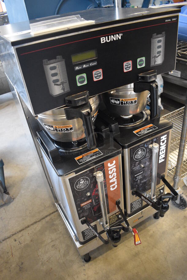 NICE! 2013 Bunn Model DUAL SH DBC Stainless Steel Commercial Countertop Dual Coffee Machine w/ Hot Water Dispenser, 2 Bunn Model SH SERVER Satellite Servers and 2 Metal Brew Baskets. 120/208-240 Volts, 1 Phase. 18x24x36. Tested and Working! - Image 2 of 5