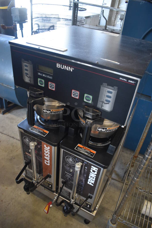 NICE! 2013 Bunn Model DUAL SH DBC Stainless Steel Commercial Countertop Dual Coffee Machine w/ Hot Water Dispenser, 2 Bunn Model SH SERVER Satellite Servers and 2 Metal Brew Baskets. 120/208-240 Volts, 1 Phase. 18x24x36. Tested and Working! - Image 4 of 5