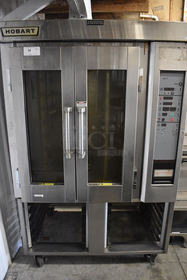GORGEOUS! Hobart Stainless Steel Commercial Electric Powered Mini Rotating Rack Oven w/ Lower Double Pan Rack on Commercial Casters. 208/240/480 Volt, 3 Phase. 48x35x75