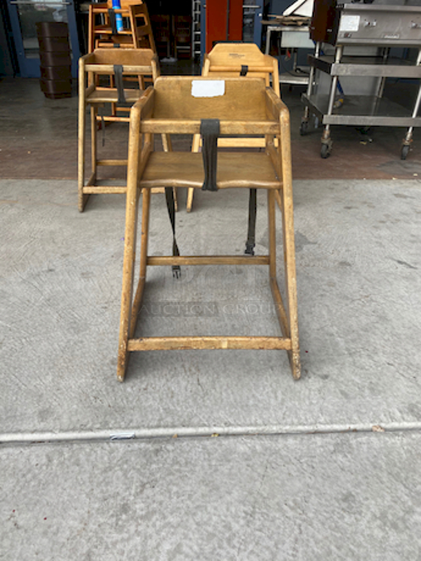 SWEET! SET OF 3 Wood Stacking Restaurant High Chairs with Dark Finish.

Overall Dimensions:
Length: 20"
Width: 18 1/2"
Height: 27 1/2" - Image 2 of 9