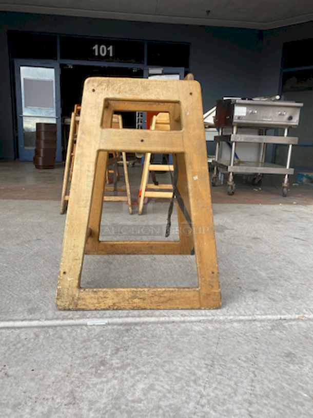 SWEET! SET OF 3 Wood Stacking Restaurant High Chairs with Dark Finish.

Overall Dimensions:
Length: 20"
Width: 18 1/2"
Height: 27 1/2" - Image 5 of 9