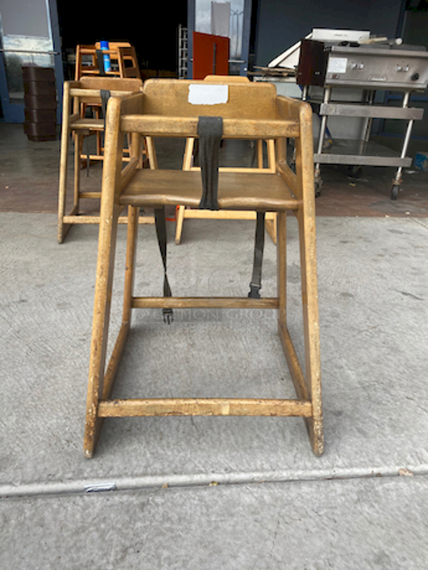 SWEET! SET OF 3 Wood Stacking Restaurant High Chairs with Dark Finish.

Overall Dimensions:
Length: 20"
Width: 18 1/2"
Height: 27 1/2" - Image 6 of 9