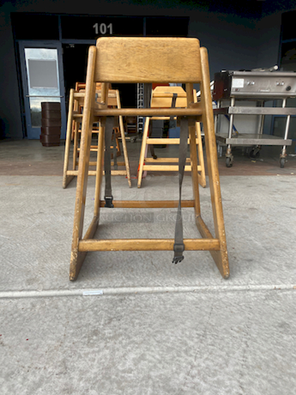 SWEET! SET OF 3 Wood Stacking Restaurant High Chairs with Dark Finish.

Overall Dimensions:
Length: 20"
Width: 18 1/2"
Height: 27 1/2" - Image 8 of 9