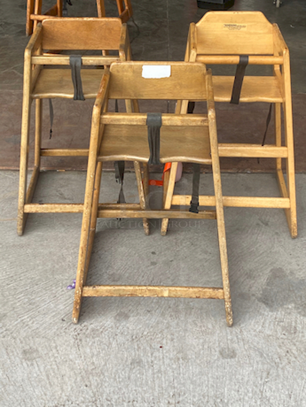 SWEET! SET OF 3 Wood Stacking Restaurant High Chairs with Dark Finish.

Overall Dimensions:
Length: 20"
Width: 18 1/2"
Height: 27 1/2" - Image 9 of 9