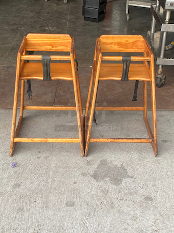 SWEET! SET OF 2 Wood Stacking Restaurant High Chairs with Light Finish.

Overall Dimensions:
Length: 20