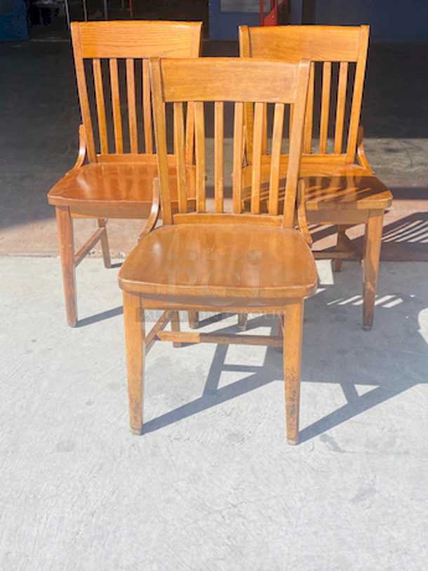AWESOME!! Set of 3 Vertical Slat Wood Restaurant Chairs. 

17x16x35

3x Your Bid
 - Image 1 of 6