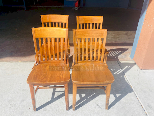 AWESOME!! Set of 4 Vertical Slat Wood Restaurant Chairs. 

17x16x35

3x Your Bid
 - Image 5 of 5