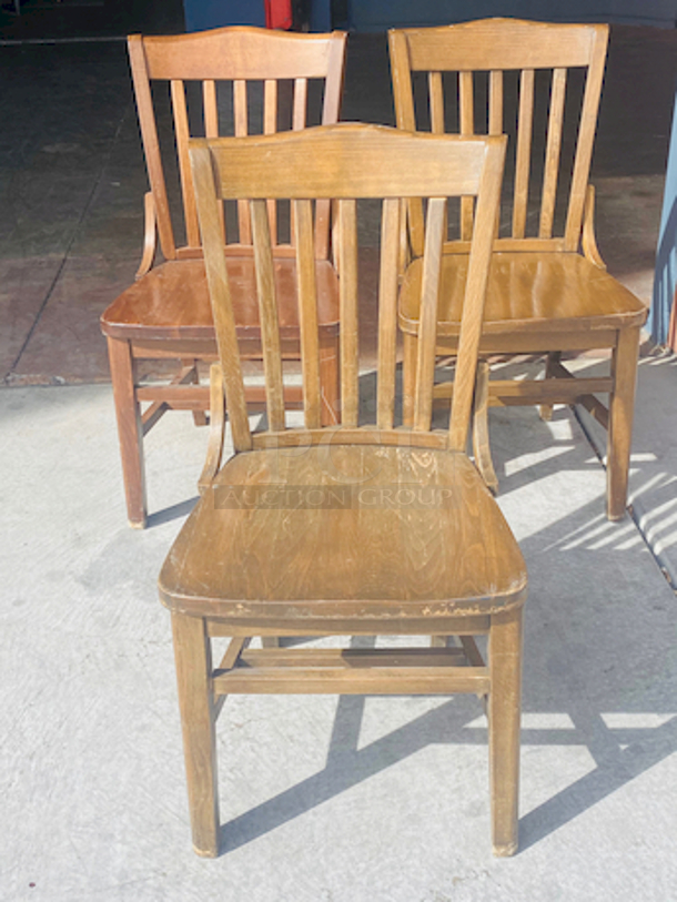 BEAUTIFUL! Solid Wood Vertical Slat Chairs with Rounded Back. 

17x16x35

3x Your Bid

Some Chairs are slightly darker than others.  - Image 2 of 7