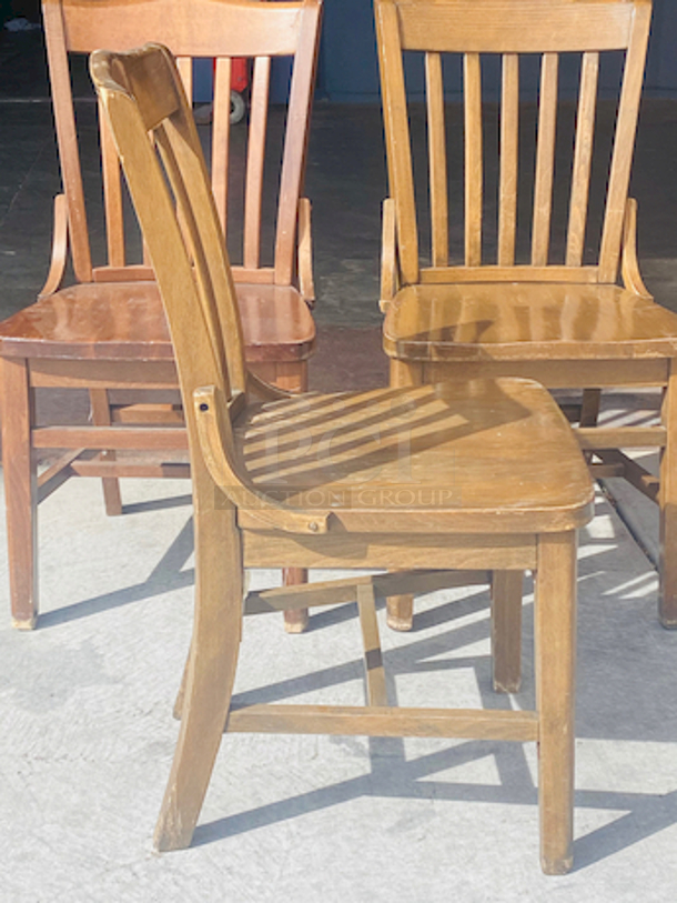 BEAUTIFUL! Solid Wood Vertical Slat Chairs with Rounded Back. 

17x16x35

3x Your Bid

Some Chairs are slightly darker than others.  - Image 4 of 7
