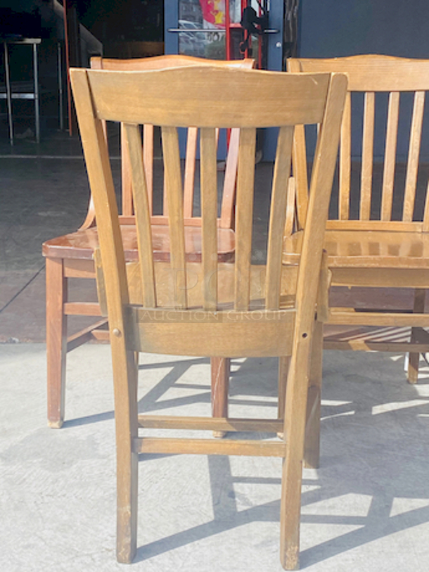 BEAUTIFUL! Solid Wood Vertical Slat Chairs with Rounded Back. 

17x16x35

3x Your Bid

Some Chairs are slightly darker than others.  - Image 5 of 7