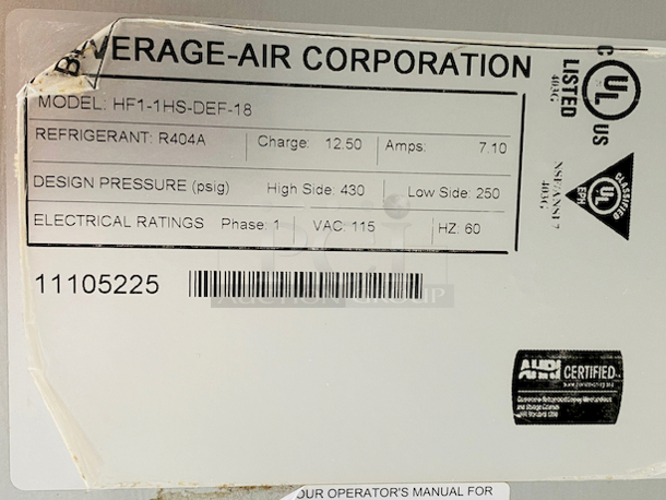 SWEET!! Beverage Air HF1-1HS-DEF-18 Horizon Series 26" Solid Half Door Reach-In Freezer with New Compressor. Tested Turns On and Gets Freezing. On Commercial Casters. 

115v, 60Hz, 1phase
26x32x83 - Image 6 of 6