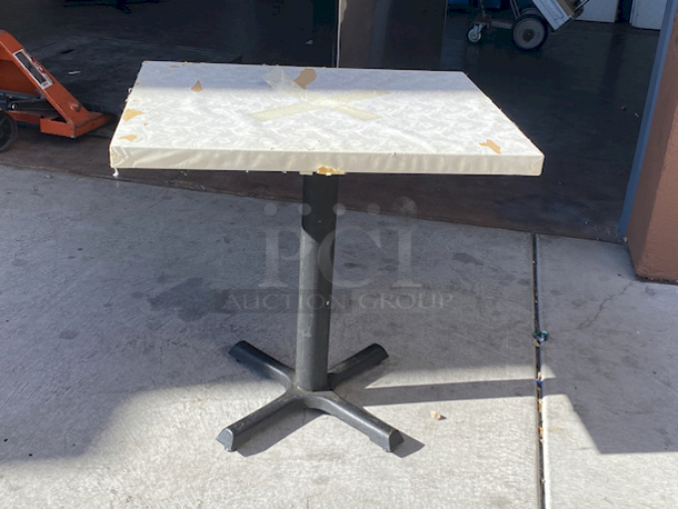 AWESOME!!! Wood Tables, 23-1/4x29-3/4.

The table and base are in perfect condition. The stapled-on vinyl cover is slightly damaged and can easily be replaced or covered with a table cloth.

23-3/4x29-3/4x30 