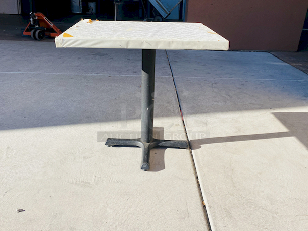 AWESOME!!! Wood Tables, 23-1/4x29-3/4.

The table and base are in perfect condition. The stapled-on vinyl cover is slightly damaged and can easily be replaced or covered with a table cloth.

23-3/4x29-3/4x30  - Image 1 of 6