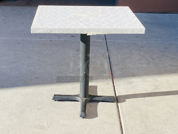 AWESOME!!! Wood Tables, 23-1/4x29-3/4.

The table and base are in perfect condition. The stapled-on vinyl cover is slightly damaged and can easily be replaced or covered with a table cloth.

23-3/4x29-3/4x30  - Image 1 of 5