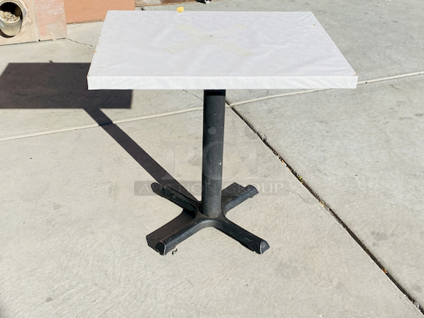 AWESOME!!! Wood Tables, 23-1/4x29-3/4.

The table and base are in perfect condition. The stapled-on vinyl cover is slightly damaged and can easily be replaced or covered with a table cloth.

23-3/4x29-3/4x30 