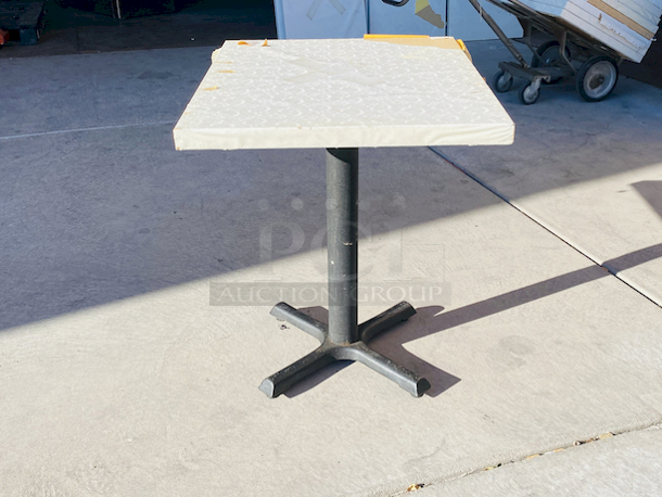 AWESOME!!! Wood Tables, 23-1/4x29-3/4.

The table and base are in perfect condition. The stapled-on vinyl cover is slightly damaged and can easily be replaced or covered with a table cloth.

23-3/4x29-3/4x30  - Image 2 of 6