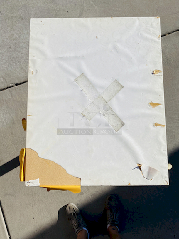 AWESOME!!! Wood Tables, 23-1/4x29-3/4.

The table and base are in perfect condition. The stapled-on vinyl cover is slightly damaged and can easily be replaced or covered with a table cloth.

23-3/4x29-3/4x30  - Image 6 of 6