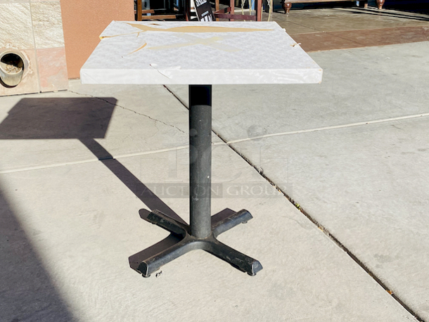 AWESOME!!! Wood Tables, 23-1/4x29-3/4.

The table and base are in perfect condition. The stapled-on vinyl cover is slightly damaged and can easily be replaced or covered with a table cloth.

23-3/4x29-3/4x30 