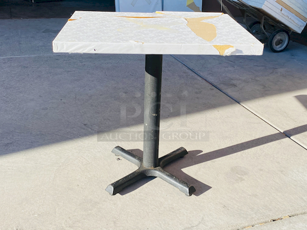 AWESOME!!! Wood Tables, 23-1/4x29-3/4.

The table and base are in perfect condition. The stapled-on vinyl cover is slightly damaged and can easily be replaced or covered with a table cloth.

23-3/4x29-3/4x30  - Image 2 of 5