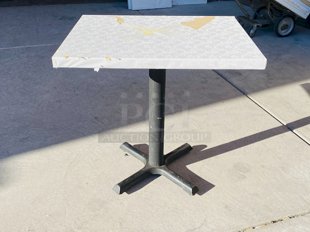 AWESOME!!! Wood Tables, 23-1/4x29-3/4.

The table and base are in perfect condition. The stapled-on vinyl cover is slightly damaged and can easily be replaced or covered with a table cloth.

23-3/4x29-3/4x30  - Image 2 of 5